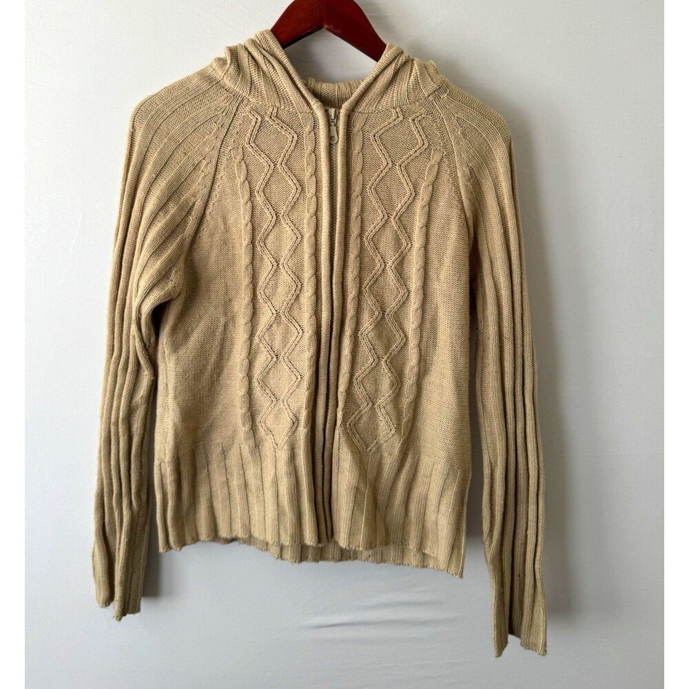 Questions Beige Cable Knit Full Zip Hooded Sweater Women’s L Ramie Acrylic